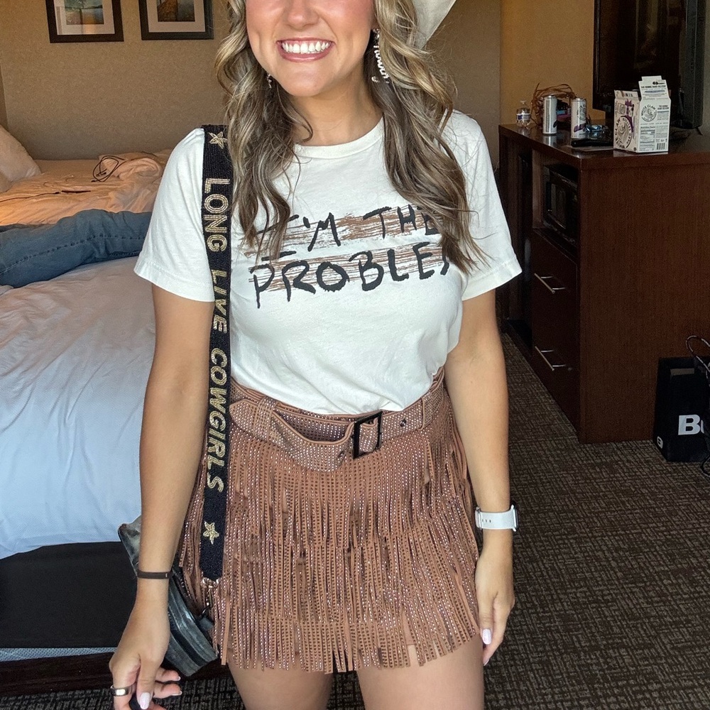 Copper brown sparkly fringe skirt with belt, size small